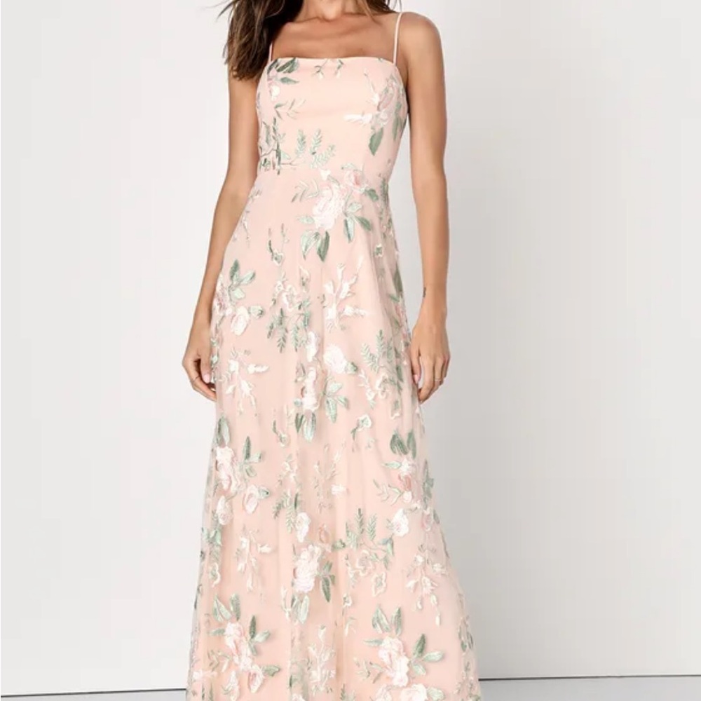 Budding Blossoms Blush Pink Floral Embroidered A-Line Maxi Dress Lulus